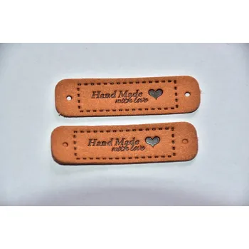 Koženkový štítek Hand made with love 5,5 x 1,5cm hnědý