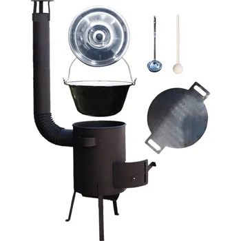 Kempingové nádobí Smaltovaný kotlík 13 L + železná pánev 38 cm UNI + žáruvzdorná kotlina 36 cm PLUS 600 s roštem na popel 4 mm