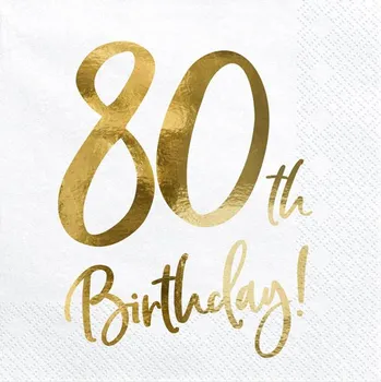 Papírový ubrousek PartyDeco Narozeninové ubrousky 33 x 33 cm 80. narozeniny 20 ks bílé/zlaté