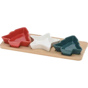 Vánoční dekorace Sada 3 ks servírovacích misek ve Vánočním dekoru na bambusovém podnosu