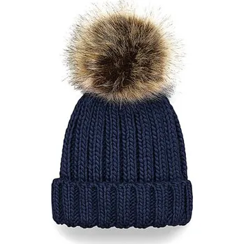 Čepice Beechfield detská/Junior čiapka s brmbolcom z falošnej kožušiny modrá