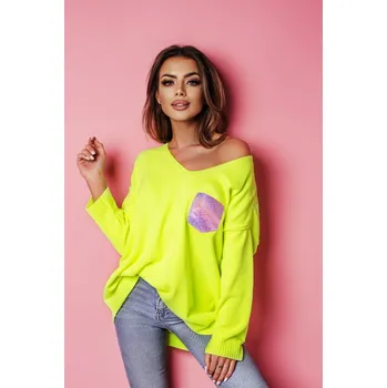 Dámské oblečení Fashionweek Dámský měkký lehký volný svetr lesklá kapsa NB10114 Barva: žlutý neon, Velikost: Universal