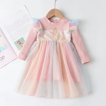 Dívčí tričko Čína Dívčí šatičky s dlouhými rukávy, síťovinou a třpytivými flitry Barva: Růžová, Velikost: 90/2T