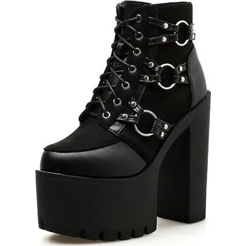 Dámské kozačky Punk šněrovací boty gothic na vysokém podpatku GoodDayGirl Barva: Černá, Velikost: 37
