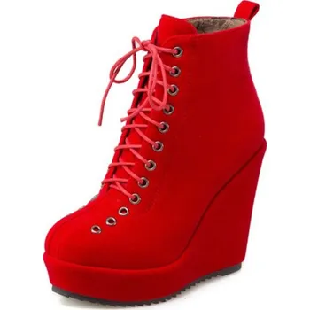 Dámské kozačky Semišové kotníkové boty na klínovém podpatku GoodDayGirl Fashion Barva: Červená, Velikost: 36