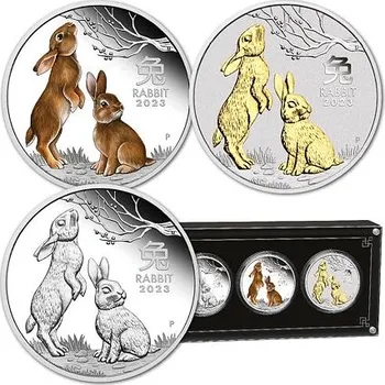 Lunární série III. - sada 3 x 1 Oz stříbrných mincí Year of the Rabbit (Rok králíka) 2023 (PROOF, Color PROOF, Gilded)