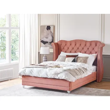 Postel Postel růžová sametové čalounění 160 x 200 cm lamelová základna vysoké čelo s všívanými knoflíky kovové cvočky ložnice Beliani