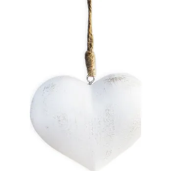 Zahradní dekorace Srdce závěs dřevo 13cm bílá patina (550153)