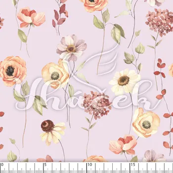 Zakázkový tisk, softshell, kočárkovina... Luční kvítky na fialkové Látky k tisku: Softshell letní