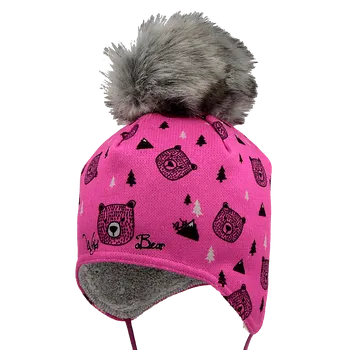 Kojenecká čepice RDX Dívčí vázací čepice s bambulí Medvěd Fialová Vel. 2