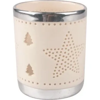 Svícen Svícen porcelánový bílý se stříbrným lemem s hvězdou 8,2 cm