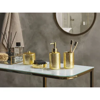 Dávkovač mýdla Sada koupelnových doplňků černá a béžová dolomit moderní zásobník na mýdlo nádoba na mýdlo nádoba na zubní kartáček Beliani