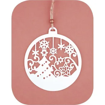 Koule dřevěná se stromem a vločkami na zavěšení 12 cm, bílá