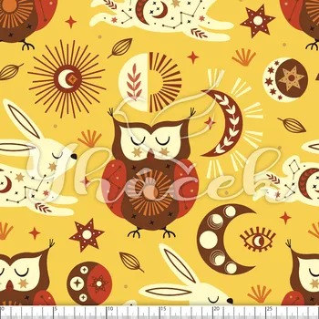 Zakázkový tisk, softshell, kočárkovina... Zvířecí souhvězdí na žluté Látky k tisku: Softshell letní