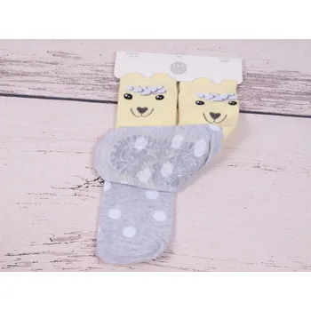 Ponožky capáčky YO ABS šedožluté puntíkované se zvířátkem s kvalitním silikonovým protiskluzem velikosti ponožek: 15-17 (EUR vel. 23-26)