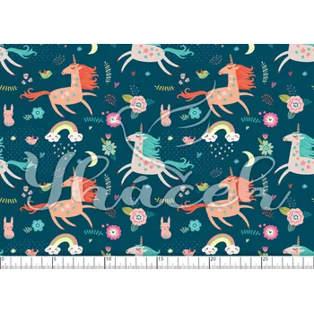 Zakázkový tisk, softshell, kočárkovina... Pohádkový jednorožec na modré Látky k tisku: Microfirba