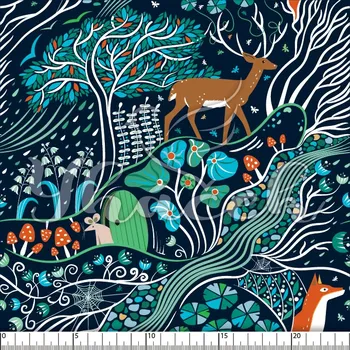 Zakázkový tisk, softshell, kočárkovina... Kouzelný les na navy Látky k tisku: Microfirba
