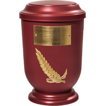 Smuteční dekorace Pohřební Plastová urna na popel, oválné prohlé víčko, červená, štítek č. 50, 100 x 50, zlatá snítka