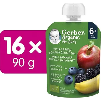 GERBER Organic kapsička jablko, banán, borůvka a ostružina 16× 90 g