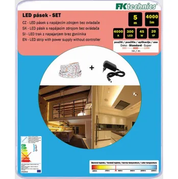LED páska FK technics Sada LED pásku 5m vč. adaptéru, 800Lm/m, 9W/m, bílá 4000K