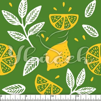 Zakázkový tisk, softshell, kočárkovina... Citróny a lístky na zelené Látky k tisku: Microfirba