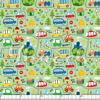 Zakázkový tisk, softshell, kočárkovina... Auta a zvířátka na zelené Látky k tisku: Softshell zimní