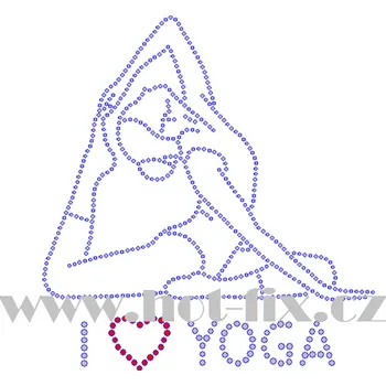 C212 - I love yoga nažehlovací hot-fix kamínková aplikace na textil, rozměry cca 15,9x17,0cm barva: polobroušené kameny barva 101 Crystal /stříbrná+103 Siam /červená