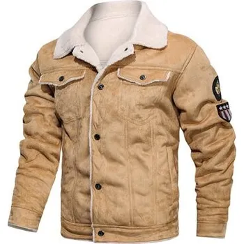 Pánský zimní kabát Kožená pánská bunda zimní s nášivky, kapsami a fleecem Barva: Khaki, Velikost: M