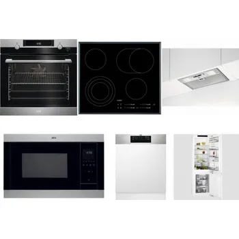 Set domácích spotřebičů AEG Mastery SteamBake BCK455350M + AEG Mastery DirectTouch HK654070FB + AEG DGB3523S + AEG Mastery MSB2547D-M + AEG FEE72706PM + AEG Mastery FlexiShelf SCE818D3LC