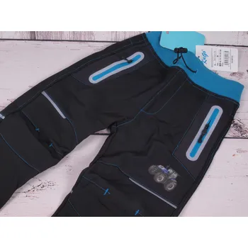 Softshellové outdoor kalhoty oteplováky Kugo černé s tyrkys s traktorem vodoodpudivé funkční velikost oblečení - děti: 98