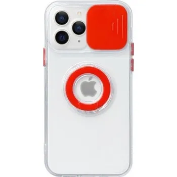 Pouzdro na mobilní telefon Transparentní kryt s držákem na prst a krytkou kamery pro iPhone 14 Pro Max - červený