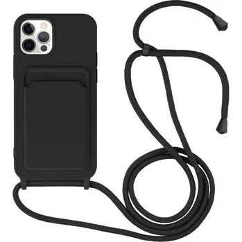 Pouzdro na mobilní telefon Silikonový kryt se šňůrkou a kapsou na karty pro iPhone 12 Pro Max - černý