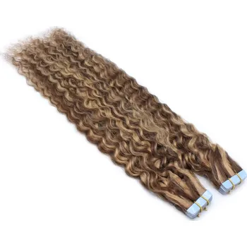 Příčesek 60cm Tape hair / pu extension / Tape IN lidské vlasy remy kudrnaté – tmavý melír