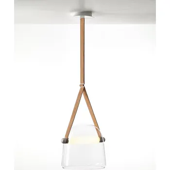 Závěsné svítidlo Brokis Mona XL PC1030, 2700K Povrch Montury: Bílý matný komaxit, Barva skla: Šedá kouřová - transparentní sklo, Popruhy: popruhy - kožené - šedé (GINT758)