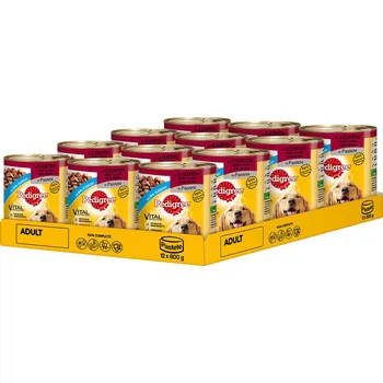 Krmivo pro psa Pedigree plechovka se krabice se 3 druhy masa: hovězí, jehněčí a kuřecí 12 × 800 g