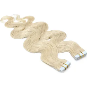 Příčesek 60cm Tape hair / pu extension / Tape IN lidské vlasy remy vlnité – platina