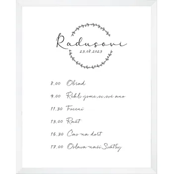 Svatební dekorace Svatební tabule HARMONOGRAM - VĚNEČEK Barva plakátu: Bílá, Rám: Bez rámu, Stojan a velikost plakátu: Bez stojanu - A4