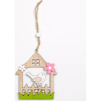 Dekorace, dřevěný závěs, DOMEK S PTÁČKEM, růžový, 9x10cm, 1ks