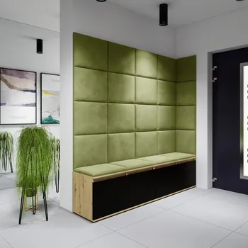 Předsíňová stěna Eka Předsíňová stěna s čalouněnými panely Trinity 3 - Dub Artisan s černou / Olivová 2312