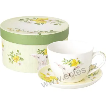 IHR LAMMY velký porcelánový jumbo šálek a podšálek bílý beránek a květy narcisů 500ml