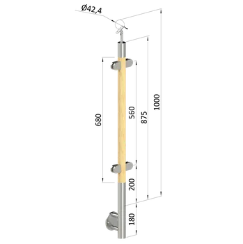 Zábradlí KOVIAN, s.r.o. dřevěný sloup, boční kotvení, výplň: sklo, průchozí, vrch nastavitelný (ø 42mm), materiál: buk, broušený povrch s nátěrem BORI (bezbarvý)