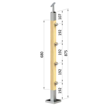 Zábradlí KOVIAN, s.r.o. dřevěný sloup, vrchní kotvení, průchozí, 4 řadový, vrch nastavitelný (40x40mm), materiál: buk, broušený povrch s nátěrem BORI (bezbarvý)