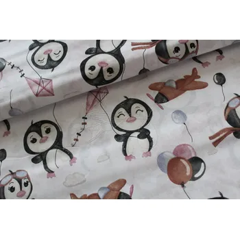 Tučňáci na bílé - hnědé letadlo - bavlněné plátno, šíře 160cm