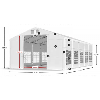Zahradní stan Párty stan 8x10x2,5m střecha PVC 620g/m2 boky PVC 620g/m2 konstrukce ZIMA PLUS Šedá Bílá Šedá