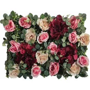 umělá květina Květinová stěna - růžová růže a rudá hortenzie, dílec 40 x 60 cm (Umělá stěna z kvetoucích rostlin pink rose and dark red hydrangea, dílec 40 x 60 cm)