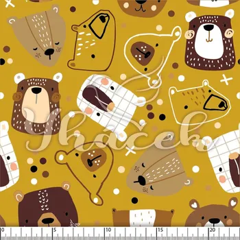 Zakázkový tisk, softshell, kočárkovina... Malovaní medvědi na hořčicové Látky k tisku: Lycra