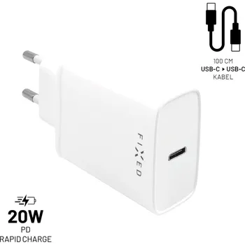 Set síťové nabíječky FIXED s USB-C výstupem a USB-C/USB-C kabelu, podpora PD, 1 metr, 20W, bílý