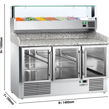 G.Gastro Chladicí stůl na pizzu Premium - 1400x700 mm - 3 skleněné dveře - vč. chladicí horní vitríny