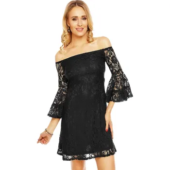 Dámská móda Krajkové dámské šaty s lodičkovým výstřihem a širokými rukávy černé - Černá - MAYAADI černá S