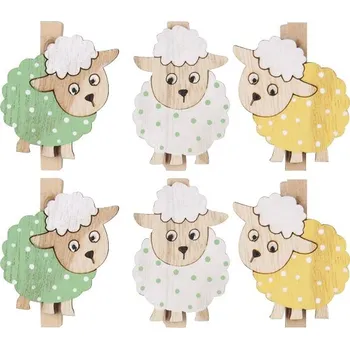 Velikonoční dekorace Ovečky dřevěné na kolíčku 4 cm, 6 ks